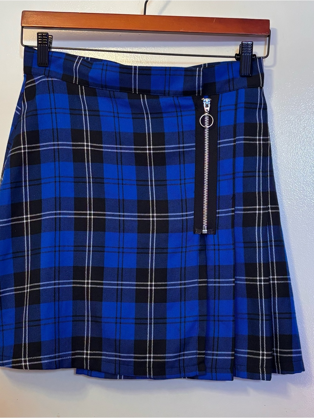 The Ragged Priest Blue & Black Plaid Mini Skirt with Exposed Zip